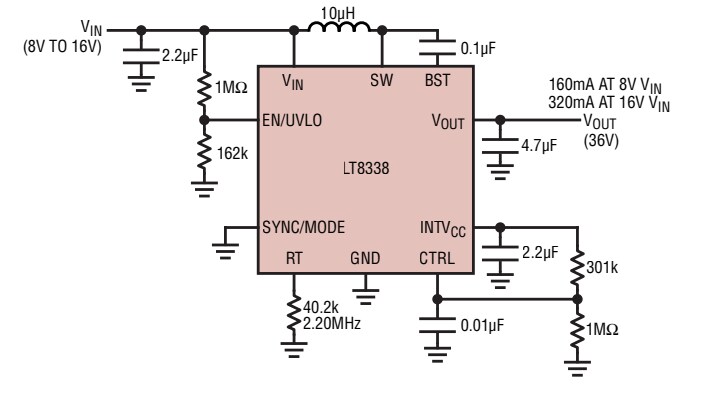 Application Circuit Diagram - Analog Devices Inc. LT8338 Micropower Synchronous Boost Converters Application Circuit Diagram - Analog Devices Inc. LT8338 Micropower Synchronous Boost Converters